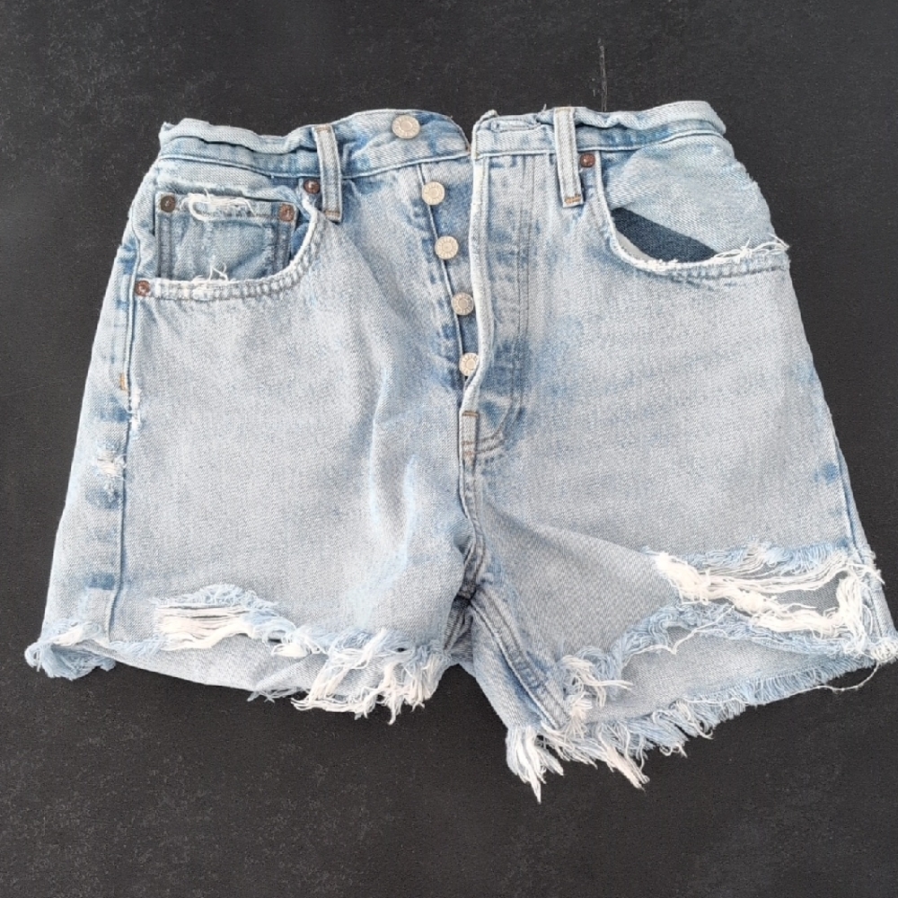 Agolde Blue Distressed Jean Shorts High-Waisted Button Fly